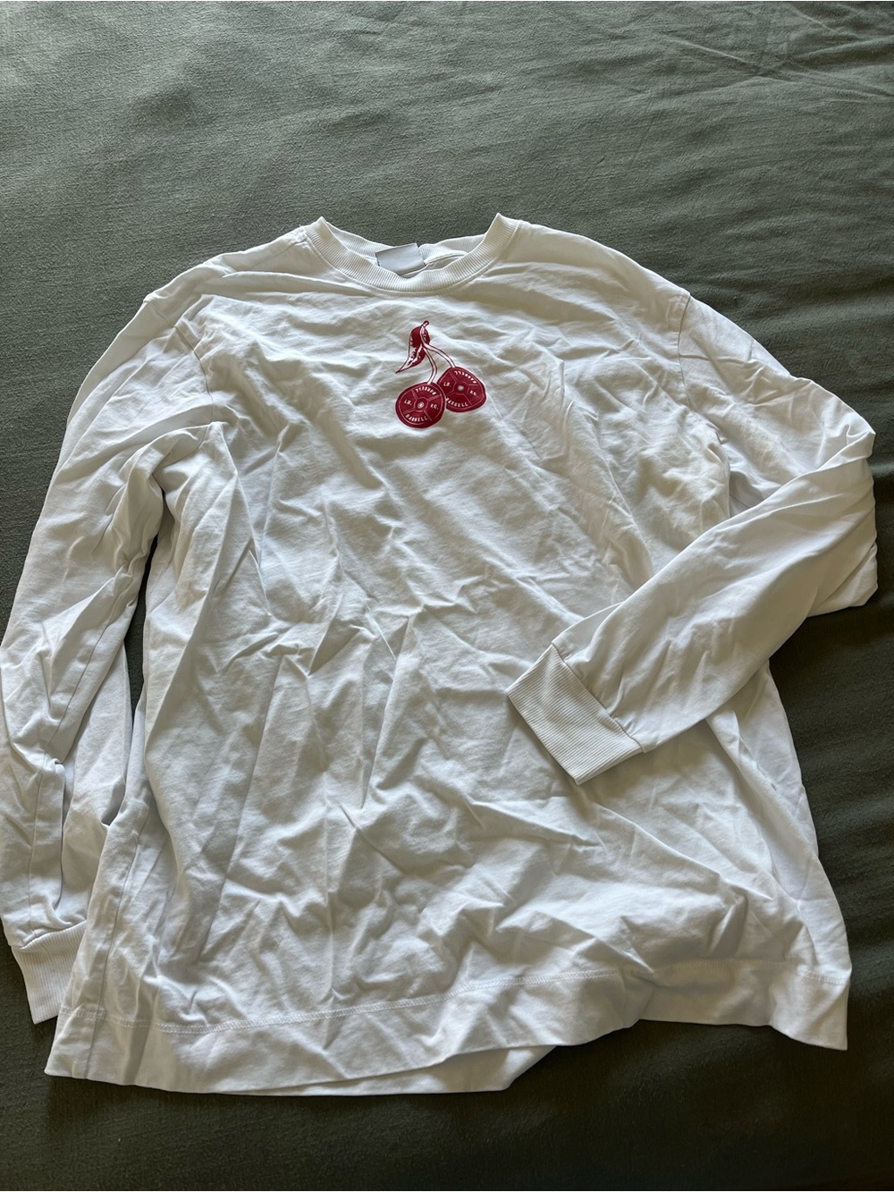 White Long-Sleeve Shirt with Red Cherry Graphic